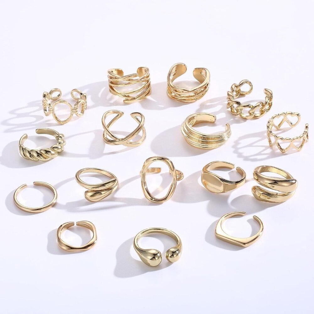 Gold Ring Set 16 Pcs Adjustable Chunky Dome Stackable Jewelry for Women - Picture 6 of 9